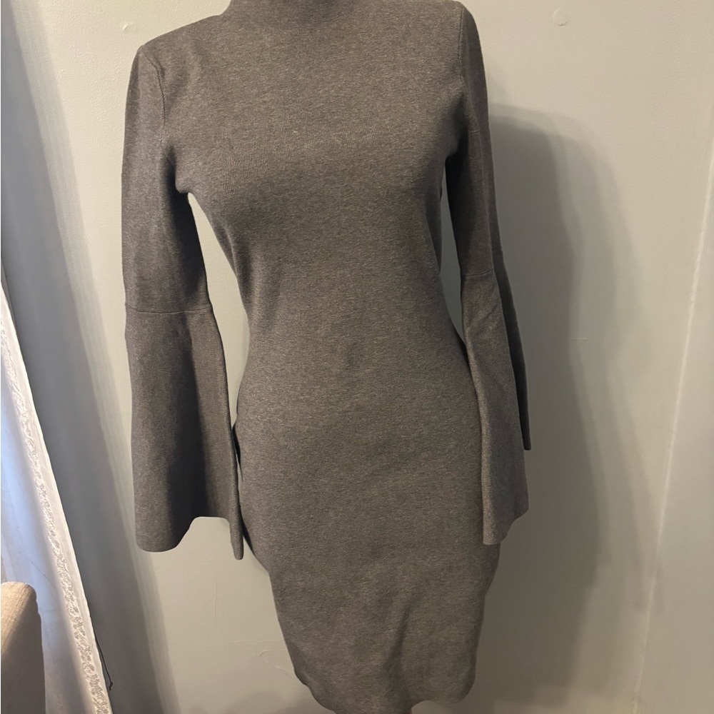 MILLY mock neck bell sleeve knit mini dress fitted gray S womens